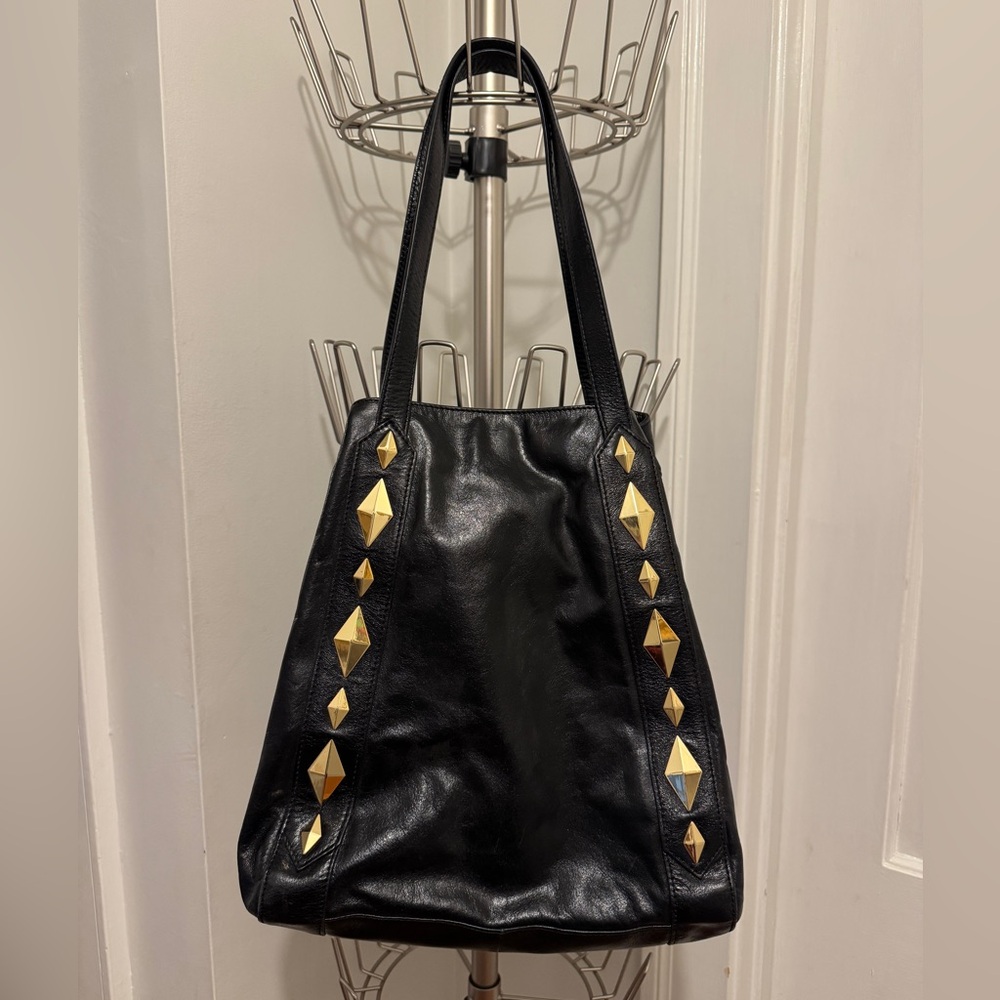 Two-in-one Black Leather Badgley Mischka bag with gold accents NEW, UNUSED